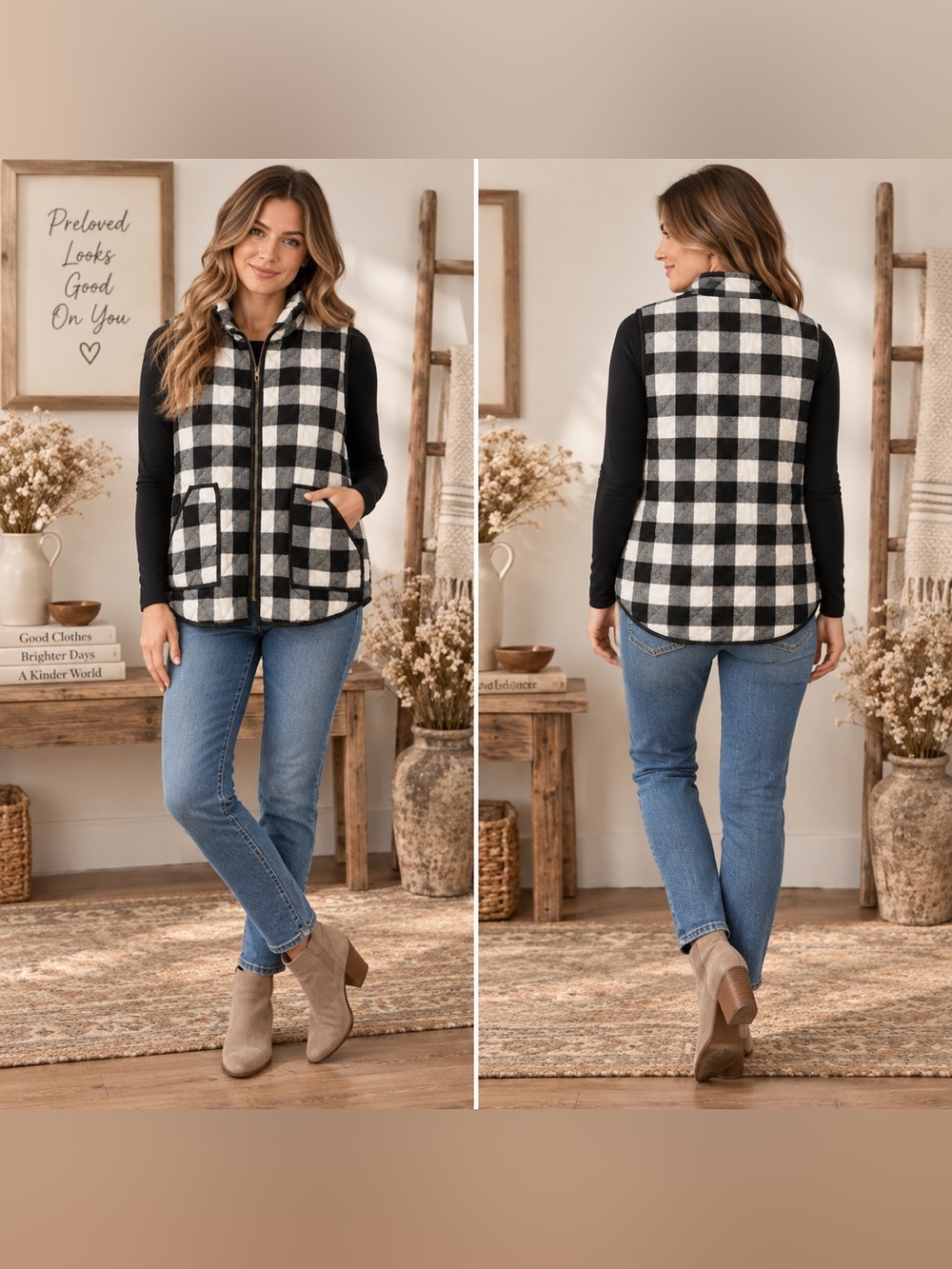 Black & White Buffalo Plaid Quilted Vest - Classic Layering